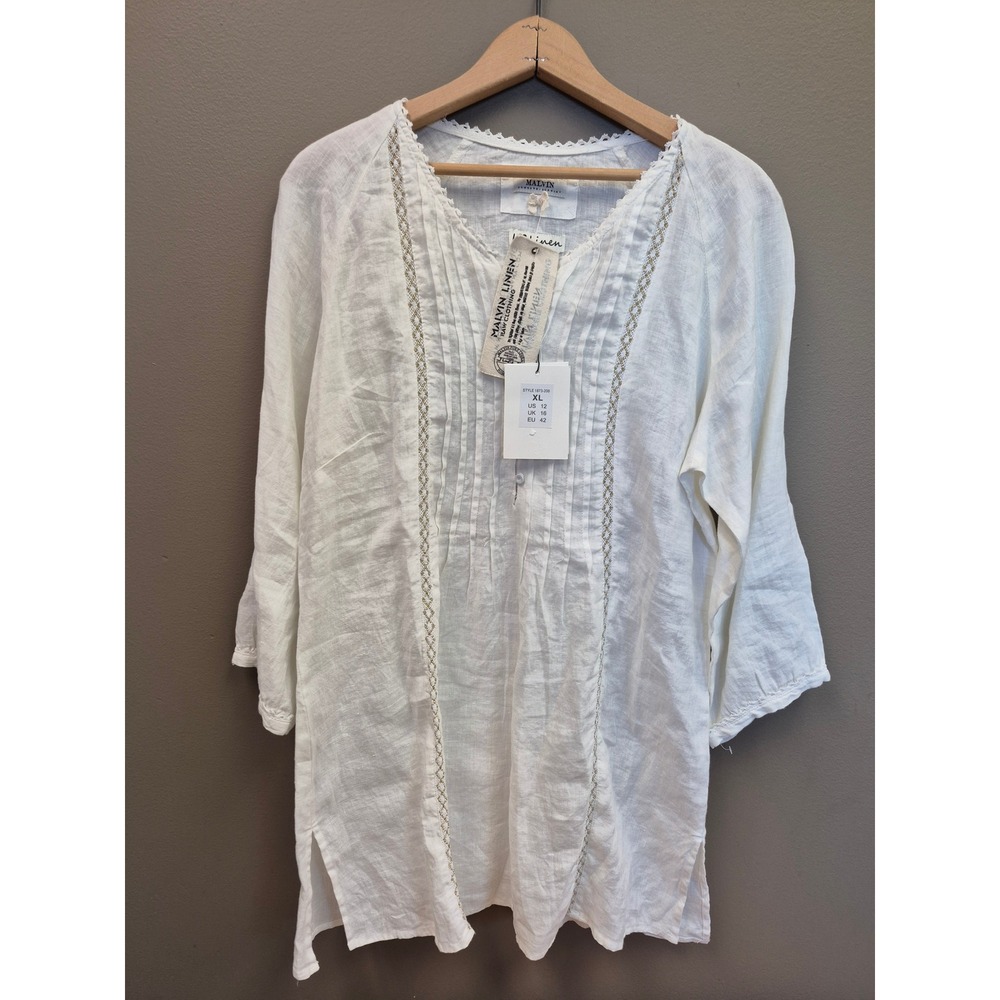 Malvin XL Women's White Linen Tunic Top Gold Embroidered Pintuck Boho NWT